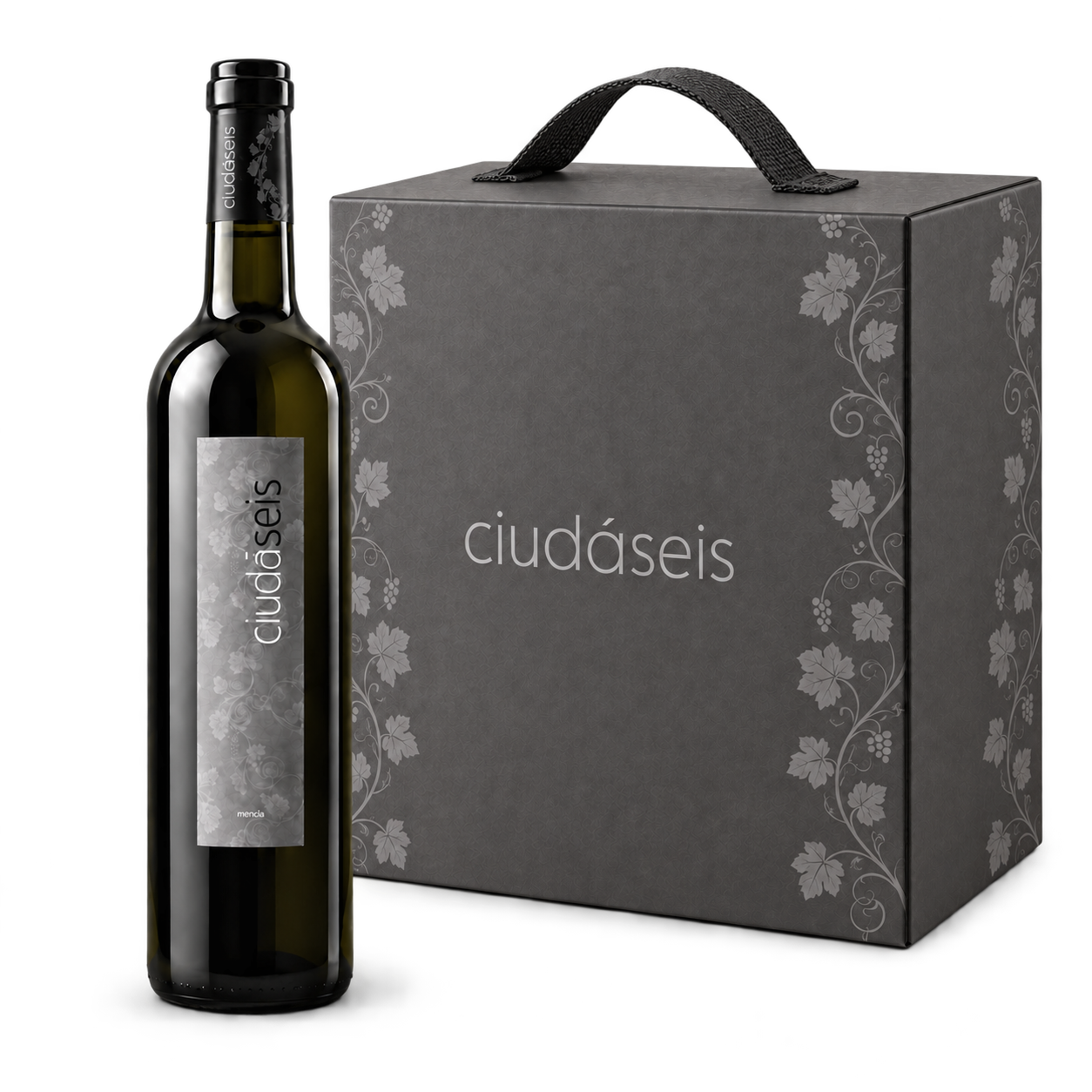 Propuesta de estuche gris con asa y motivos de parra para seis botellas de Ciudáseis, junto a la botella